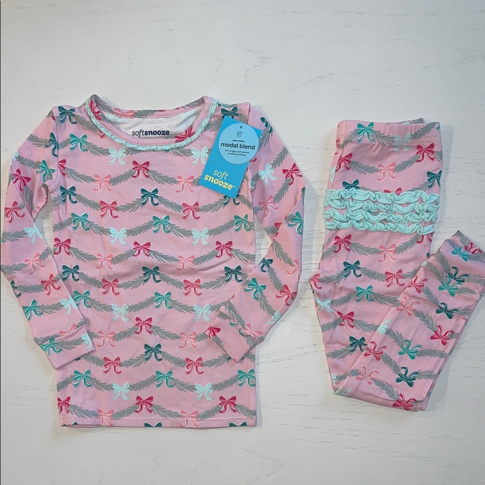Rufflebutts Charming Pink Bow Print Kids Pajama Set 18-24 months 3T 4T